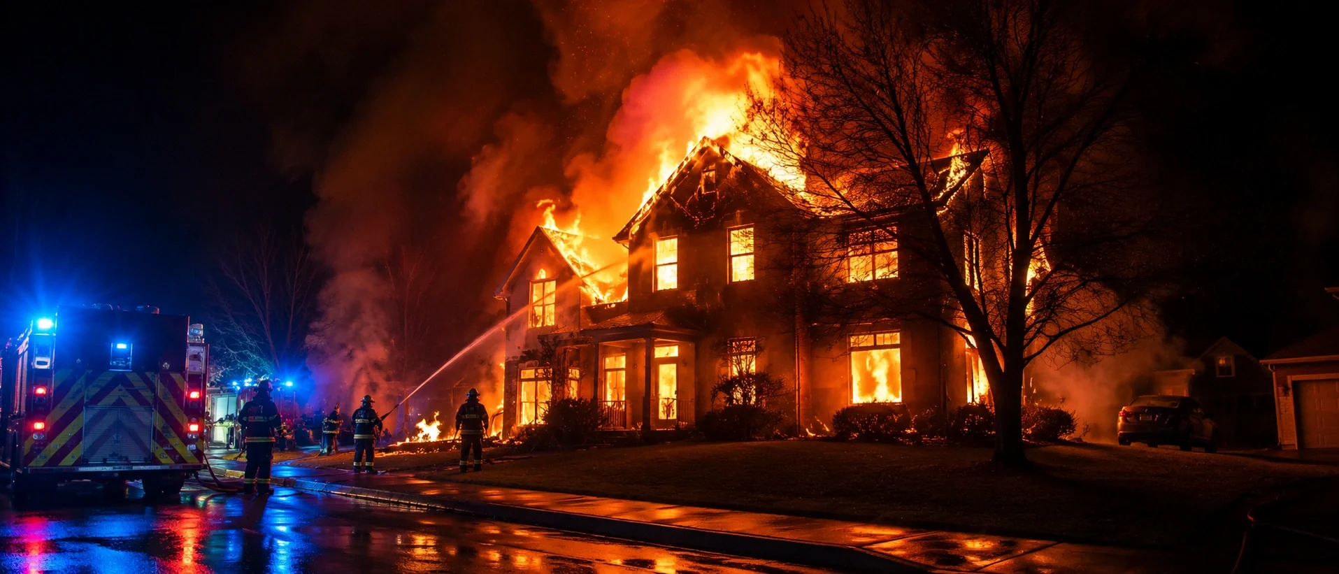 The house fully alight at night